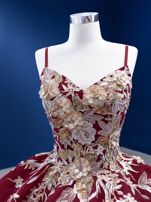 burgundy gold applique sleeveless sweep strain ball gown quinceanera dress 67467