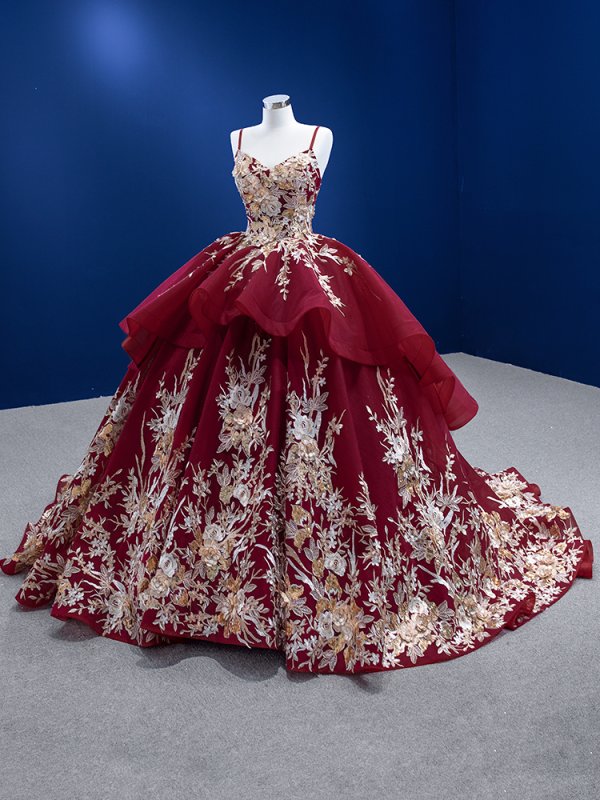 burgundy gold applique sleeveless sweep strain ball gown quinceanera dress 67467