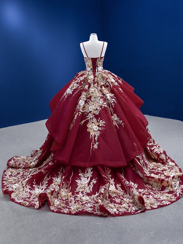 burgundy gold applique sleeveless sweep strain ball gown quinceanera dress 67467