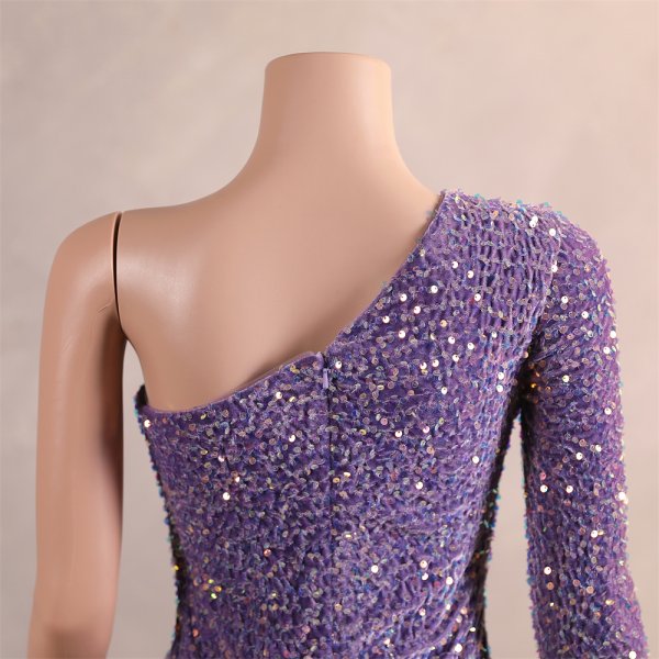 light purple one shoulder long sleeve velvet sequin mermaid formal prom dress evening gown f315001