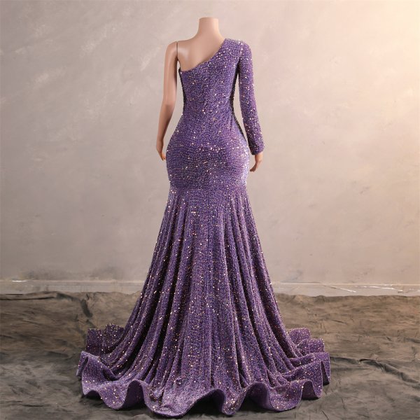 light purple one shoulder long sleeve velvet sequin mermaid formal prom dress evening gown f315001
