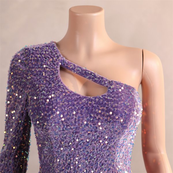 light purple one shoulder long sleeve velvet sequin mermaid formal prom dress evening gown f315001