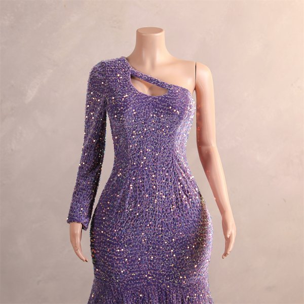 light purple one shoulder long sleeve velvet sequin mermaid formal prom dress evening gown f315001