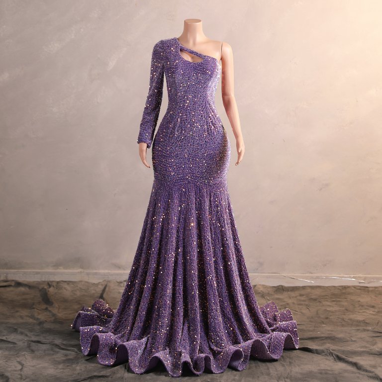 light purple one shoulder long sleeve velvet sequin mermaid formal prom dress evening gown f315001