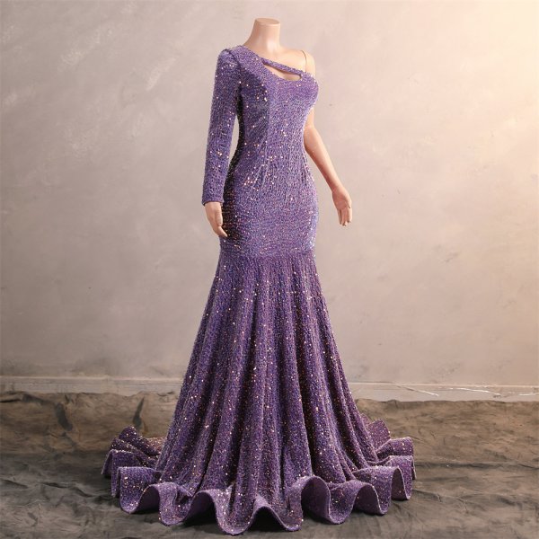 light purple one shoulder long sleeve velvet sequin mermaid formal prom dress evening gown f315001