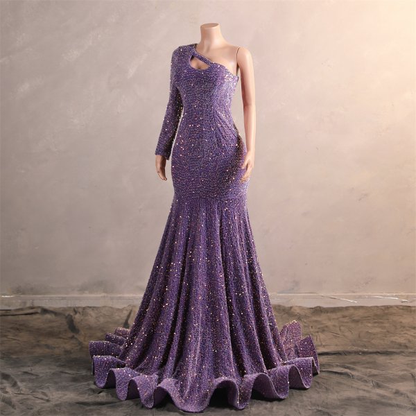 light purple one shoulder long sleeve velvet sequin mermaid formal prom dress evening gown f315001