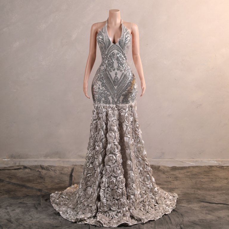 sliver sleeveless sequin flower long mermaid formal prom dress evening gown f35001
