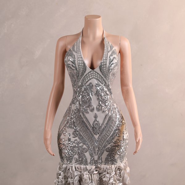 sliver sleeveless sequin flower long mermaid formal prom dress evening gown f35001