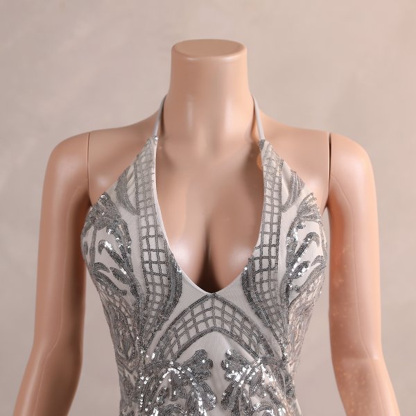 sliver sleeveless sequin flower long mermaid formal prom dress evening gown f35001