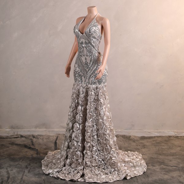 sliver sleeveless sequin flower long mermaid formal prom dress evening gown f35001