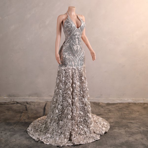 sliver sleeveless sequin flower long mermaid formal prom dress evening gown f35001