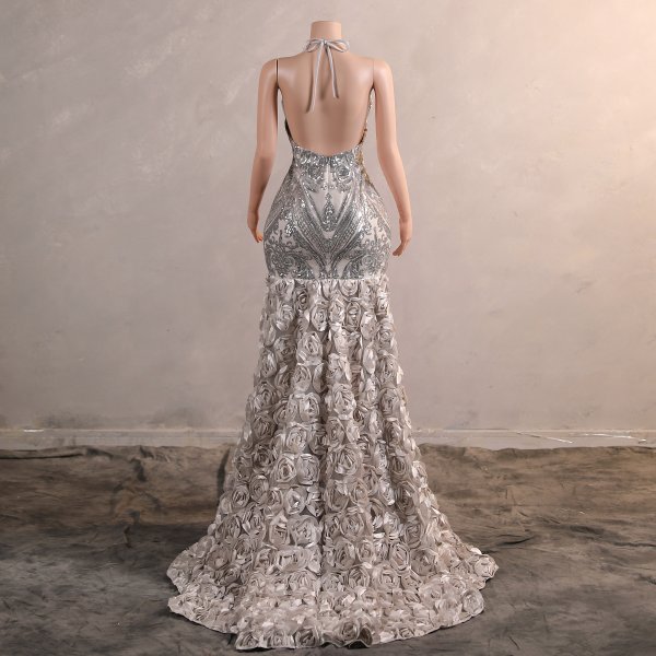 sliver sleeveless sequin flower long mermaid formal prom dress evening gown f35001