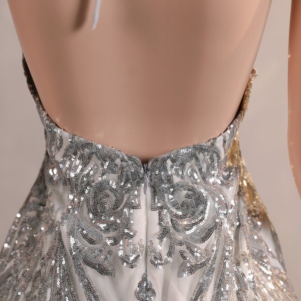 sliver sleeveless sequin flower long mermaid formal prom dress evening gown f35001
