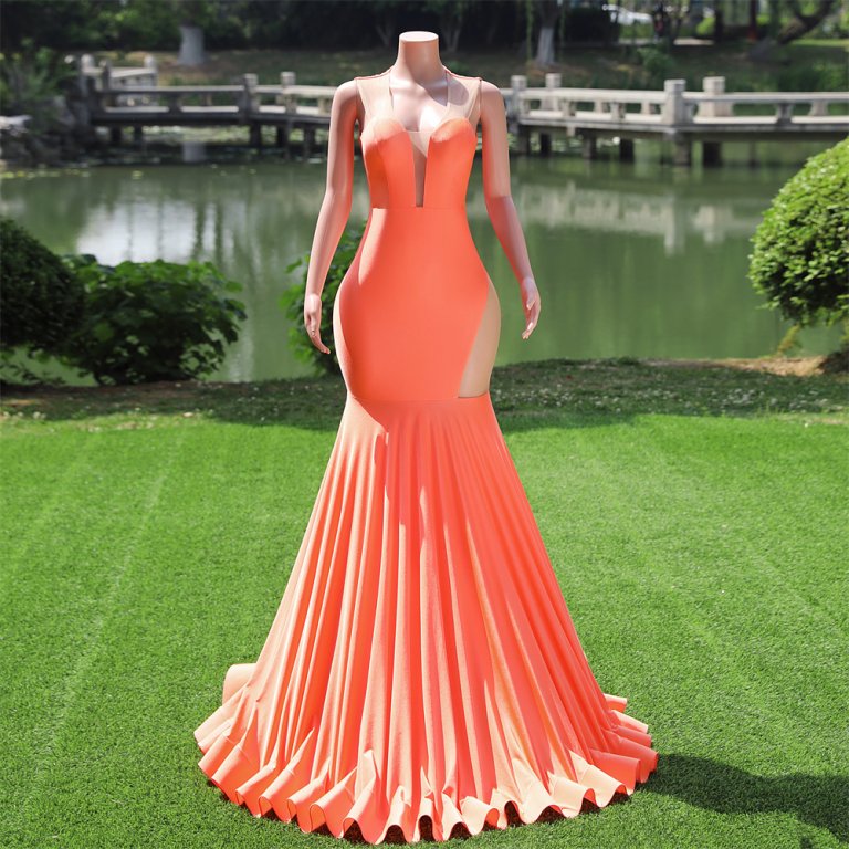 Orange Long Sleeveless Spandex Mermaid Formal Prom Dress Evening Gown FY26002