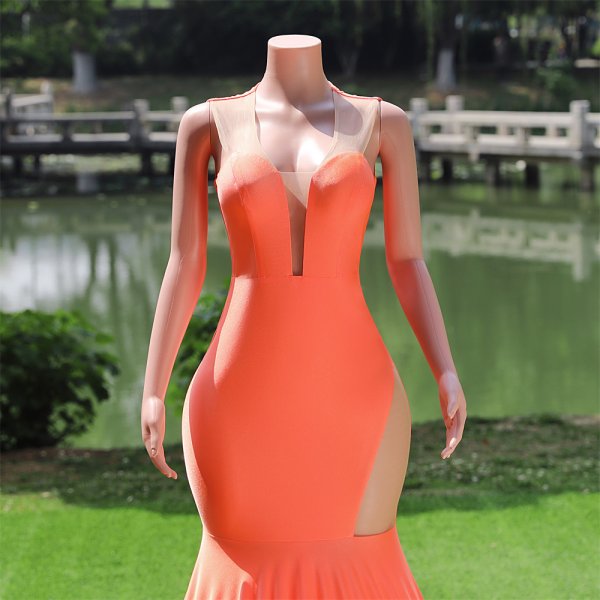 orange long sleeveless spandex mermaid formal prom dress evening gown fy26002
