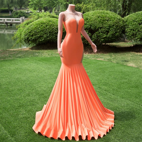 orange long sleeveless spandex mermaid formal prom dress evening gown fy26002