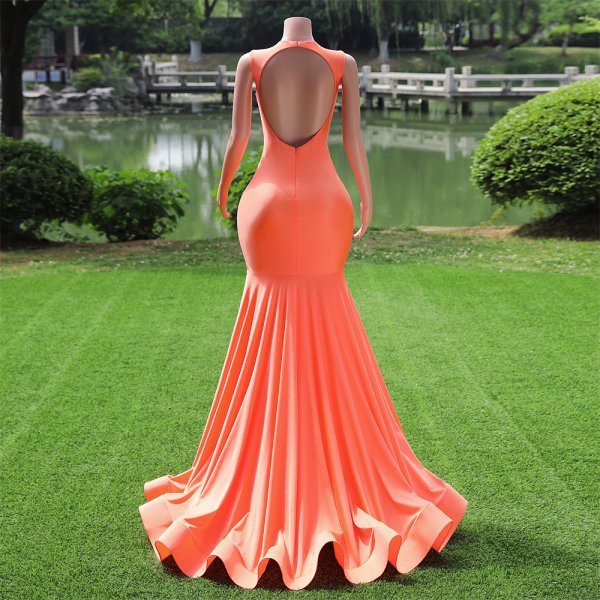orange long sleeveless spandex mermaid formal prom dress evening gown fy26002