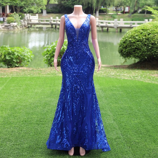 royal blue long sleeveless lace sequin mermaid formal prom dress evening gown fy29502