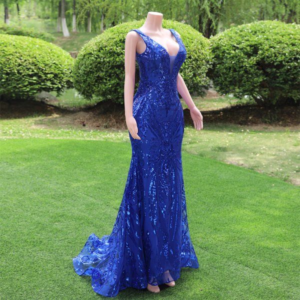 royal blue long sleeveless lace sequin mermaid formal prom dress evening gown fy29502