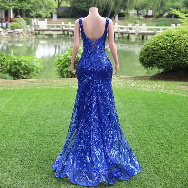 royal blue long sleeveless lace sequin mermaid formal prom dress evening gown fy29502