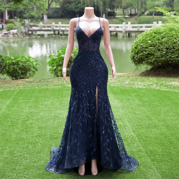 navy blue blue spaghetti sleeveless v neck lace sequin mermaid formal prom dress evening gown fy30001