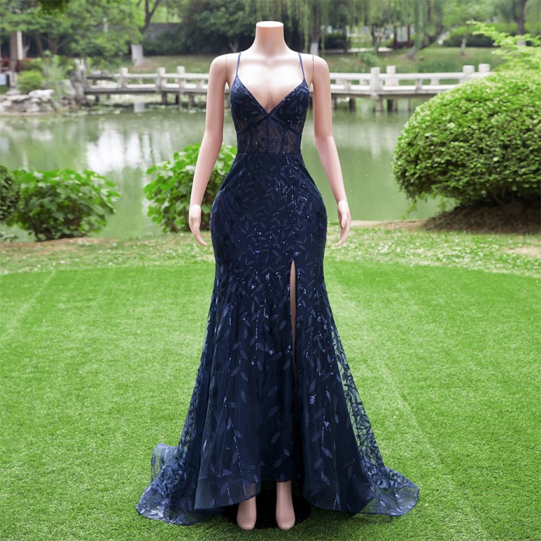 navy blue blue spaghetti sleeveless v neck lace sequin mermaid formal prom dress evening gown fy30001