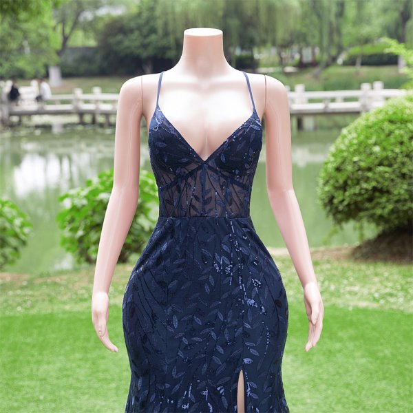 navy blue blue spaghetti sleeveless v neck lace sequin mermaid formal prom dress evening gown fy30001