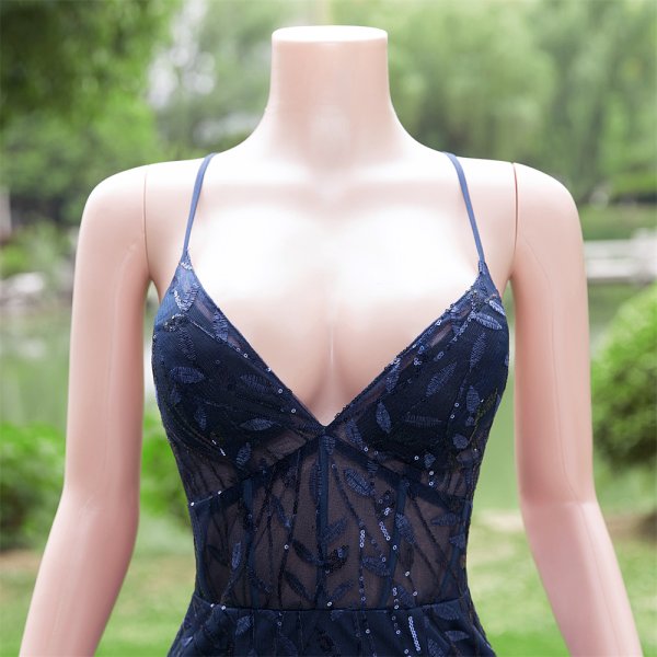 navy blue blue spaghetti sleeveless v neck lace sequin mermaid formal prom dress evening gown fy30001