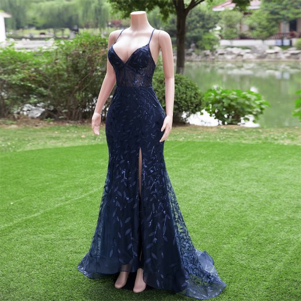 navy blue blue spaghetti sleeveless v neck lace sequin mermaid formal prom dress evening gown fy30001