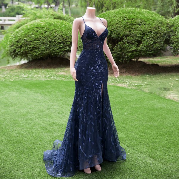 navy blue blue spaghetti sleeveless v neck lace sequin mermaid formal prom dress evening gown fy30001
