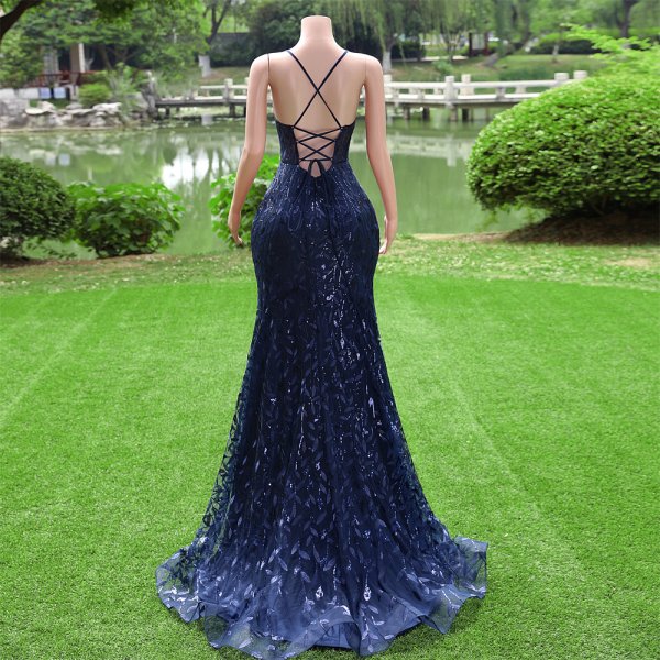 navy blue blue spaghetti sleeveless v neck lace sequin mermaid formal prom dress evening gown fy30001