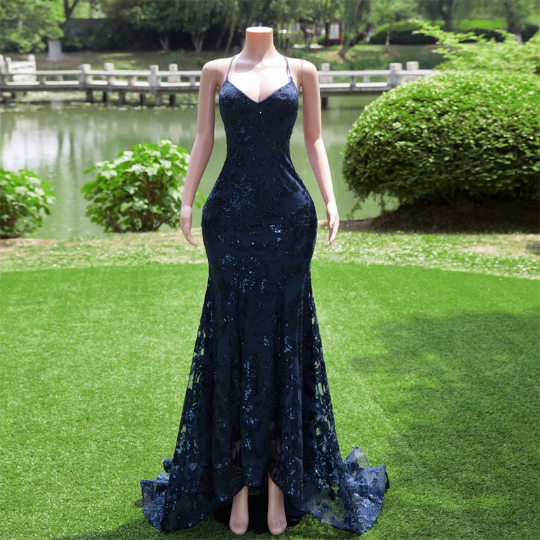 navy blue sexy back spaghetti sleeveless lace sequin mermaid formal prom dress evening gown fy30002
