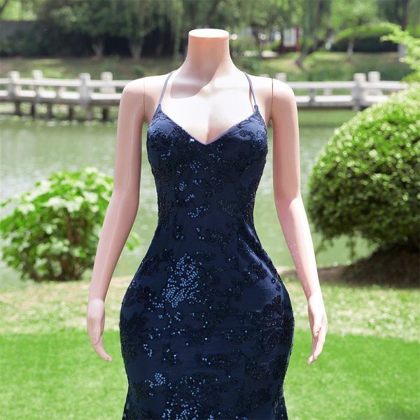 navy blue sexy back spaghetti sleeveless lace sequin mermaid formal prom dress evening gown fy30002