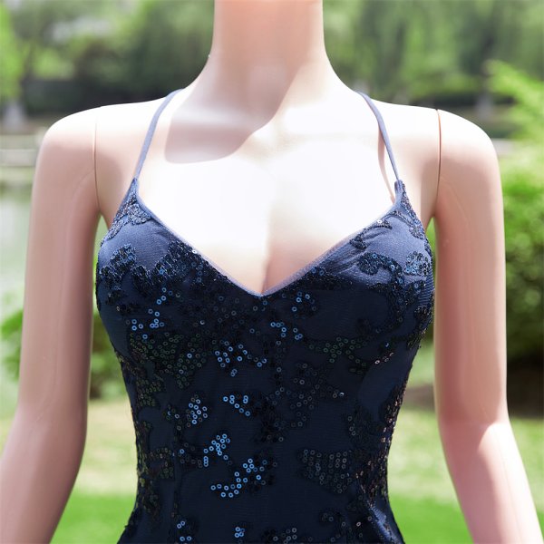 navy blue sexy back spaghetti sleeveless lace sequin mermaid formal prom dress evening gown fy30002