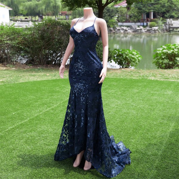 navy blue sexy back spaghetti sleeveless lace sequin mermaid formal prom dress evening gown fy30002