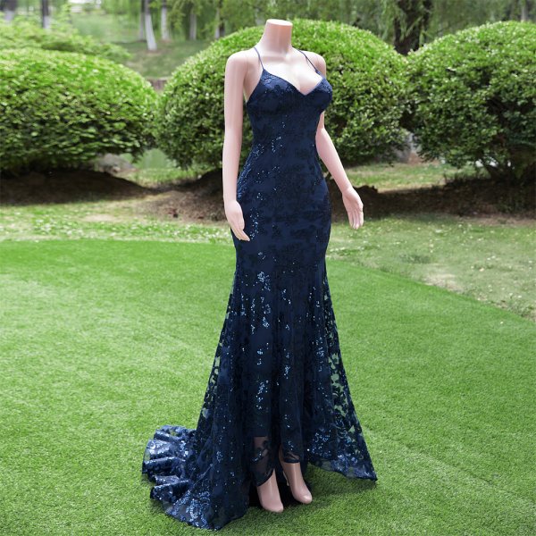 navy blue sexy back spaghetti sleeveless lace sequin mermaid formal prom dress evening gown fy30002