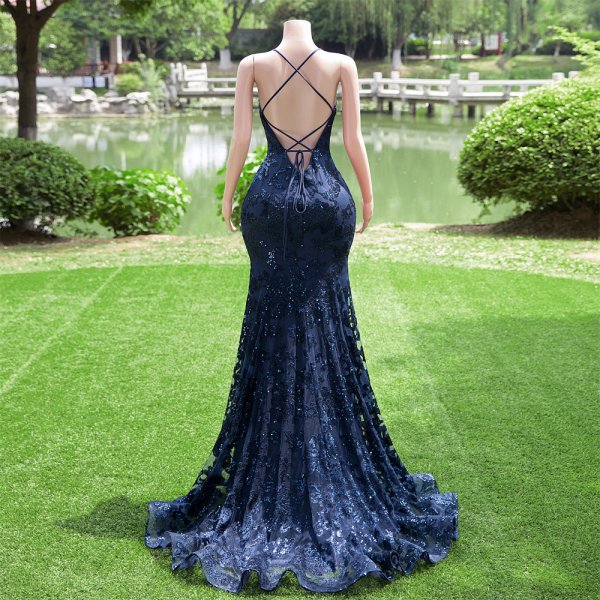 navy blue sexy back spaghetti sleeveless lace sequin mermaid formal prom dress evening gown fy30002