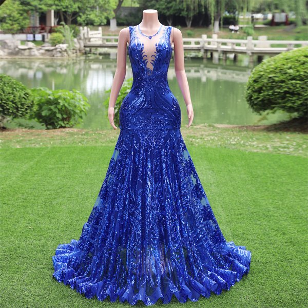 royal blue sleeveless lace sequin long mermaid formal prom dress evening gown fy34002