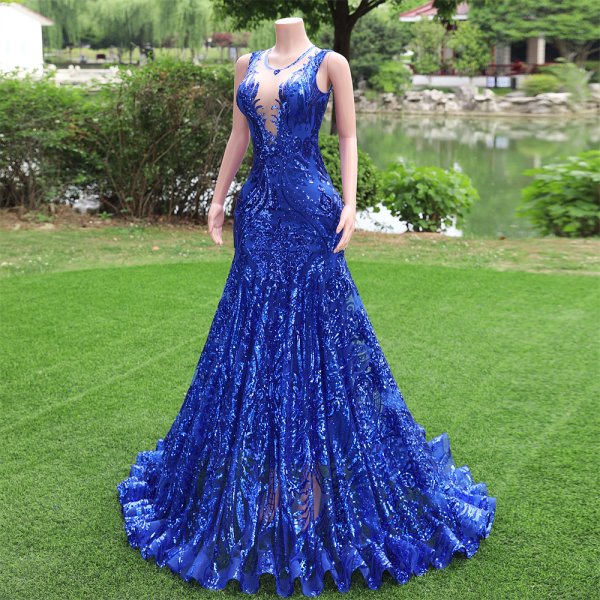 royal blue sleeveless lace sequin long mermaid formal prom dress evening gown fy34002