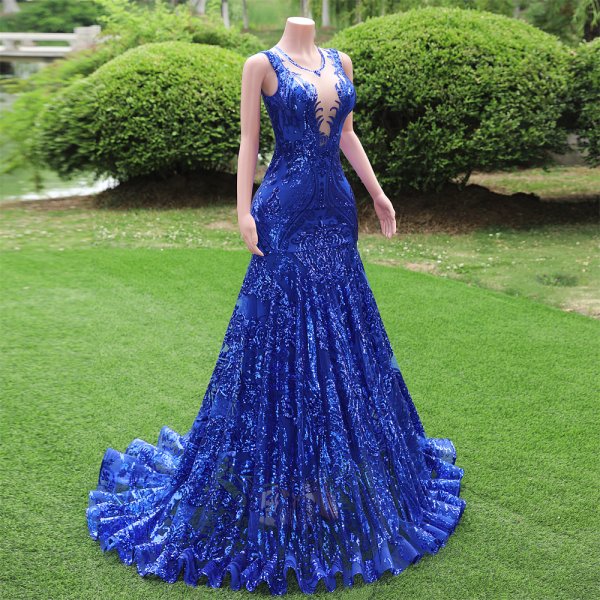 royal blue sleeveless lace sequin long mermaid formal prom dress evening gown fy34002