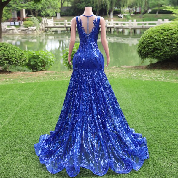 royal blue sleeveless lace sequin long mermaid formal prom dress evening gown fy34002