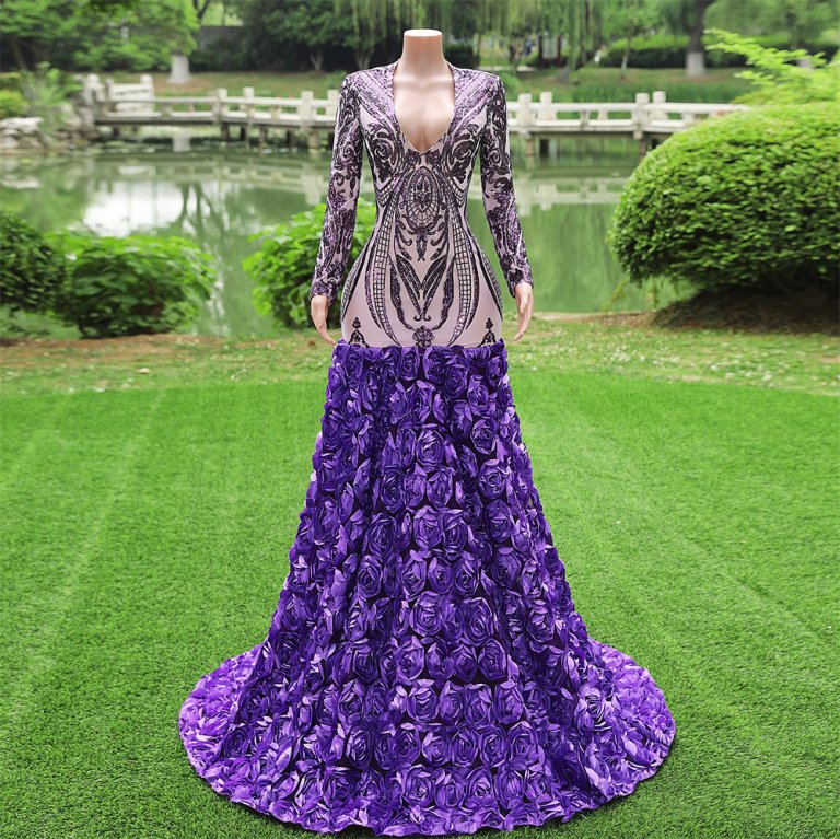 purple long sleeve lace sequin v neck mermaid formal prom dress evening gown fy37001