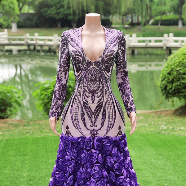 purple long sleeve lace sequin v neck mermaid formal prom dress evening gown fy37001