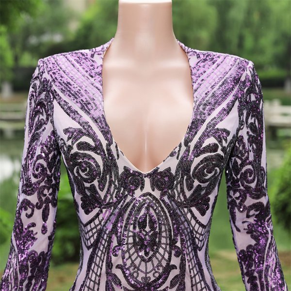 purple long sleeve lace sequin v neck mermaid formal prom dress evening gown fy37001