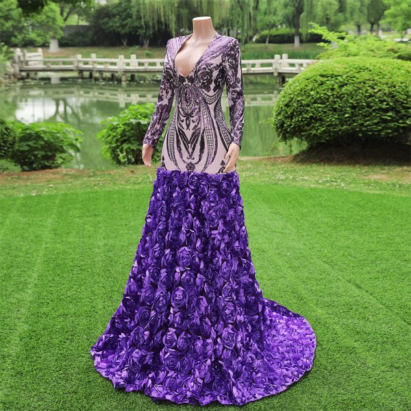 purple long sleeve lace sequin v neck mermaid formal prom dress evening gown fy37001