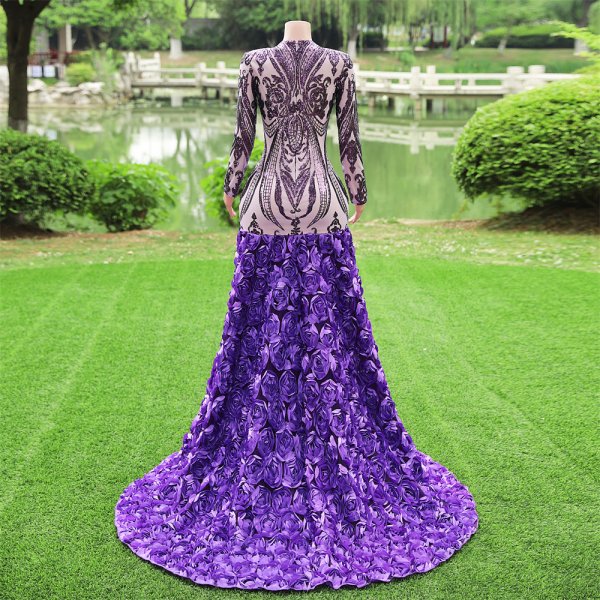 purple long sleeve lace sequin v neck mermaid formal prom dress evening gown fy37001