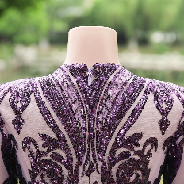 purple long sleeve lace sequin v neck mermaid formal prom dress evening gown fy37001