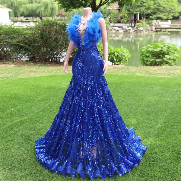 royal blue feather sleeveless lace sequin scoop neck mermaid formal prom dress evening gown fy38002
