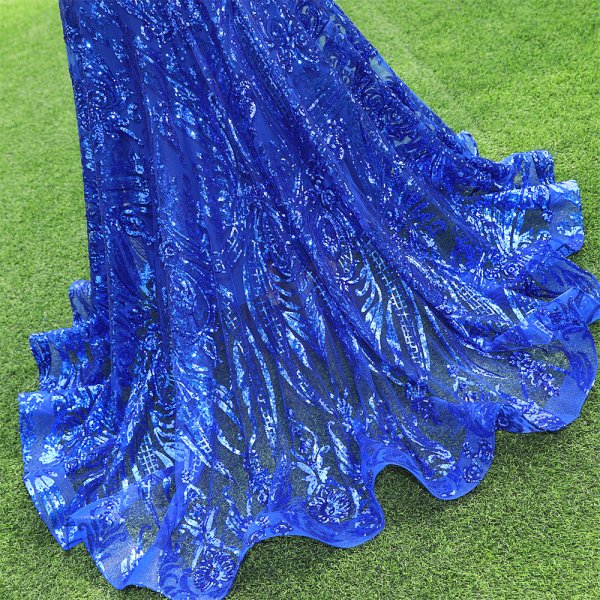 royal blue feather sleeveless lace sequin scoop neck mermaid formal prom dress evening gown fy38002