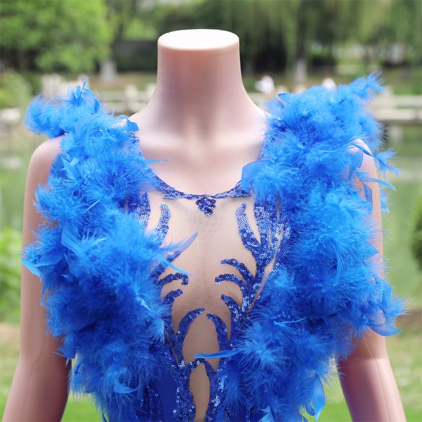 royal blue feather sleeveless lace sequin scoop neck mermaid formal prom dress evening gown fy38002